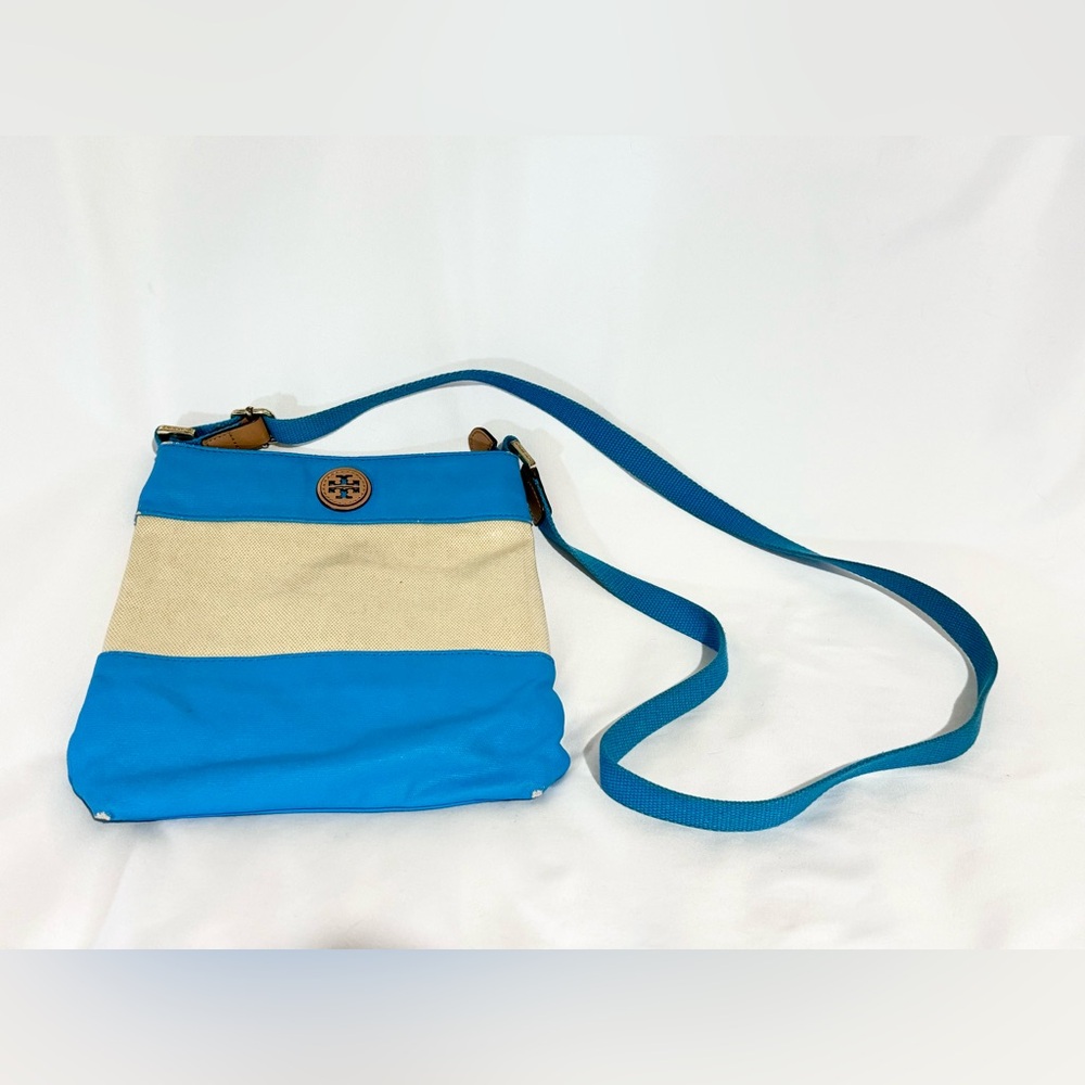 TORY BURCH Blue & Beige Canvas‎ Crossbody Colorblock Top Zip Pouch Bag